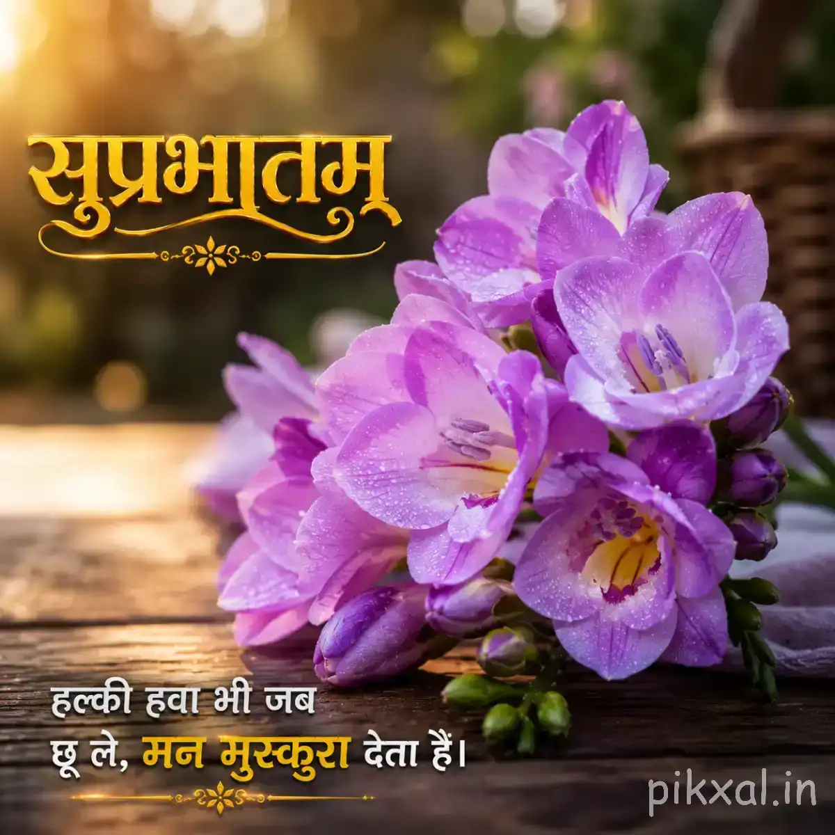 Cluster of light purple flowers with rounded petals and green leaves beside a Hindi Good Morning wish