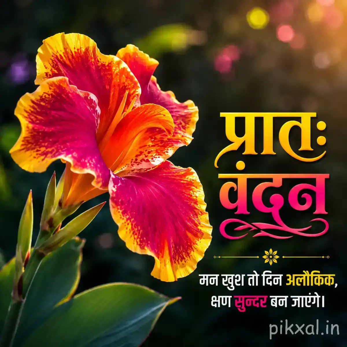Large orange-red flower with yellow-edged petals and green leaves beside a Hindi morning greeting