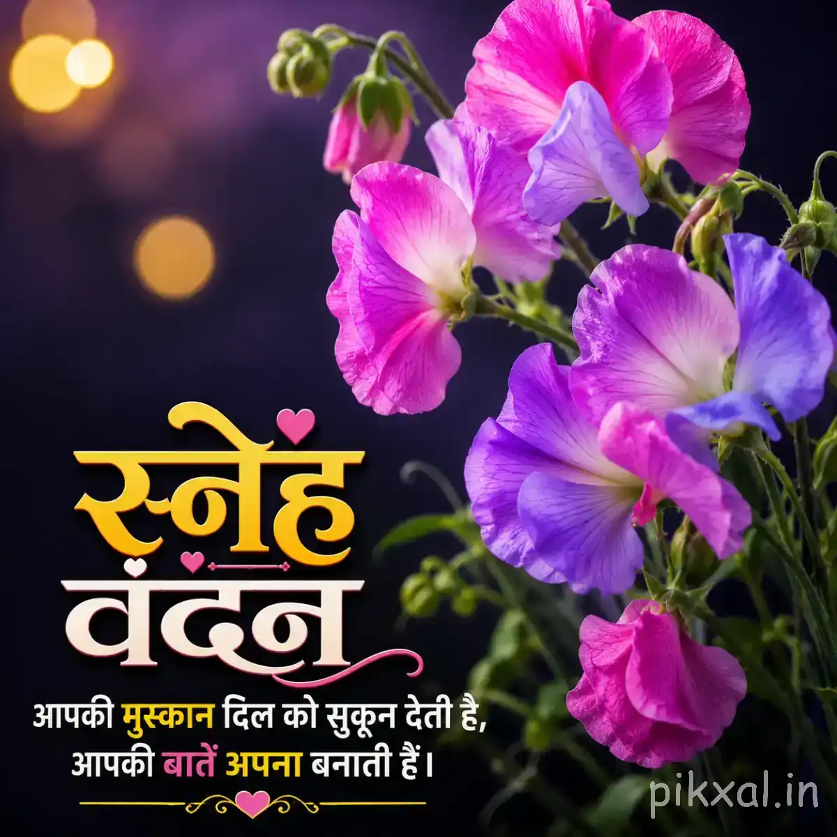 Purple flowers with elongated petals and unopened buds against a dark background with a Hindi morning wish