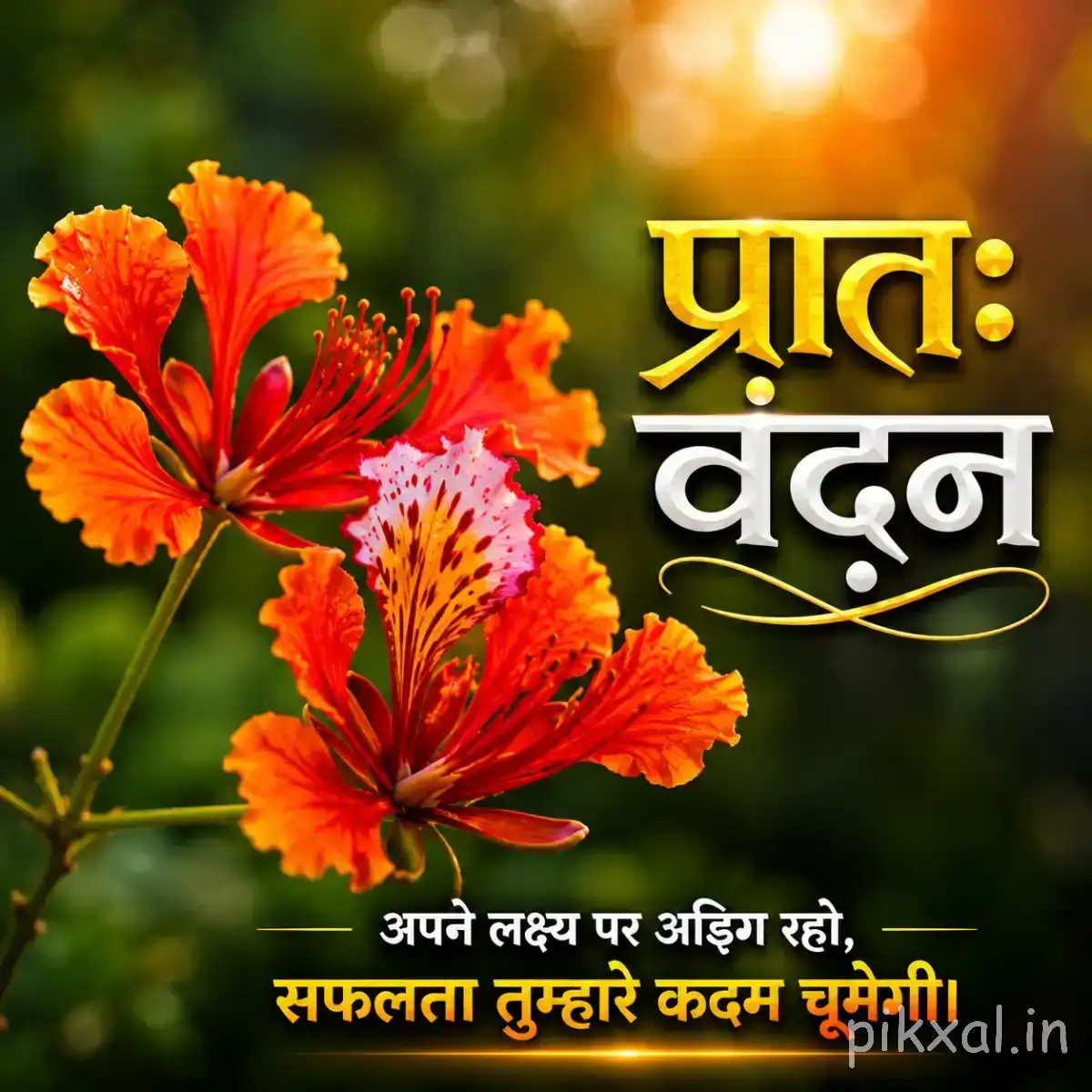 Several orange flowers with long stamens on leafy stems beside a Hindi morning greeting