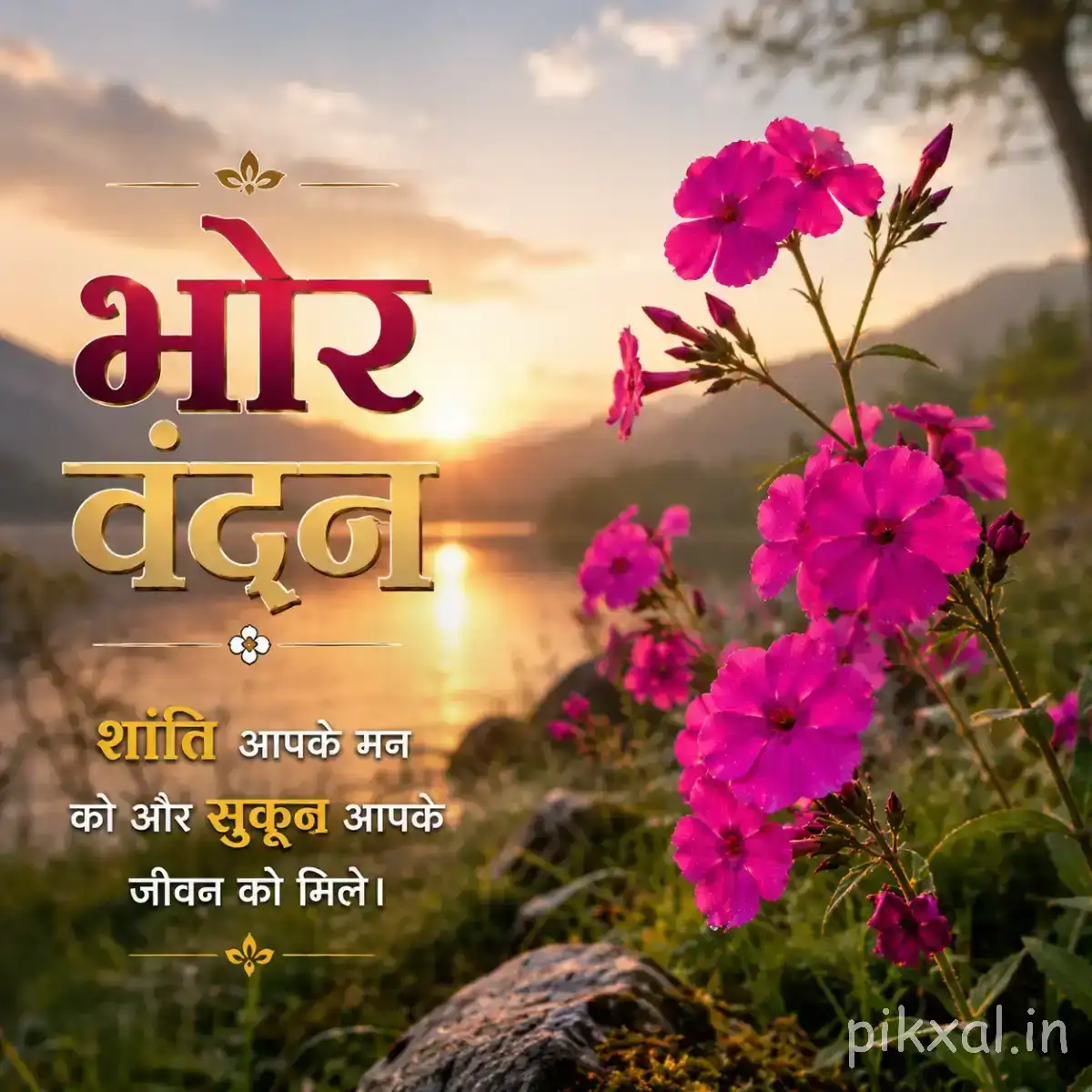 Pink flowers clustered on slender branches against a softly blurred sunrise background with a Hindi morning wish