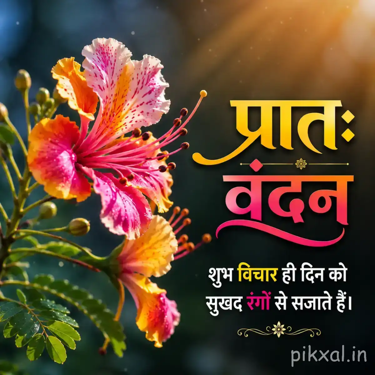 Pink and orange flowers with long stamens and green leaves beside a Hindi morning greeting