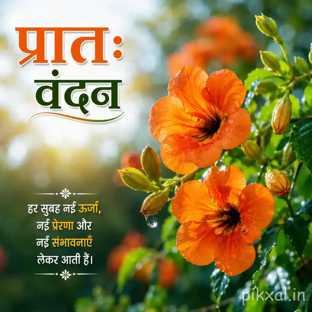 Several orange flowers with dark centers and green buds against blurred greenery with a Hindi morning wish