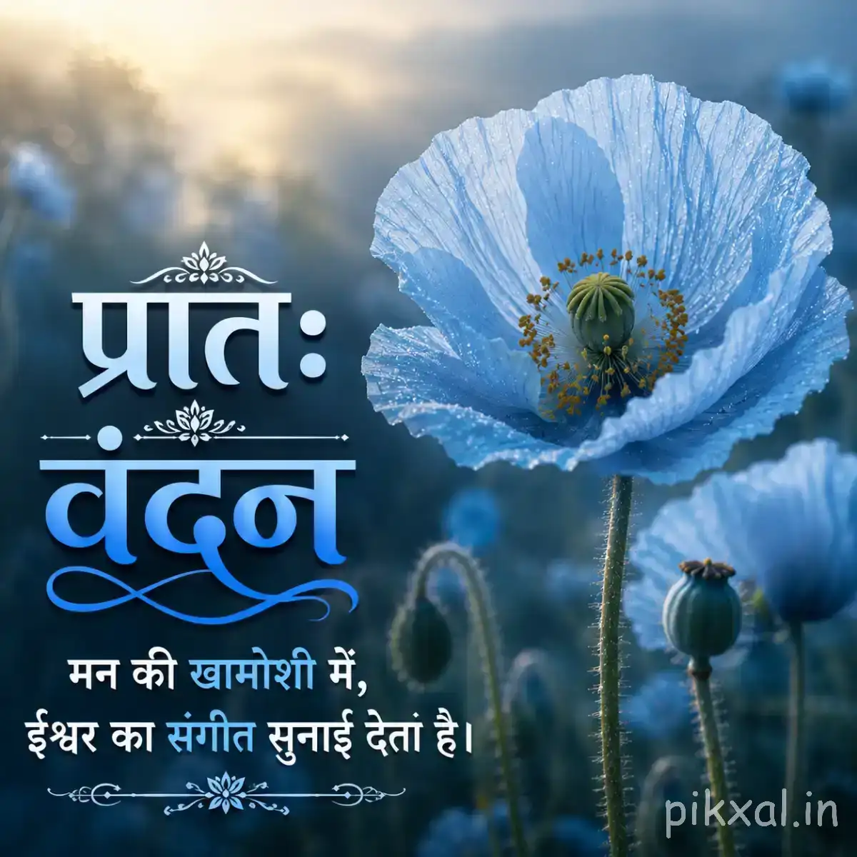 Single pale blue flower with a dark center and unopened buds against a misty background with a Hindi morning greeting