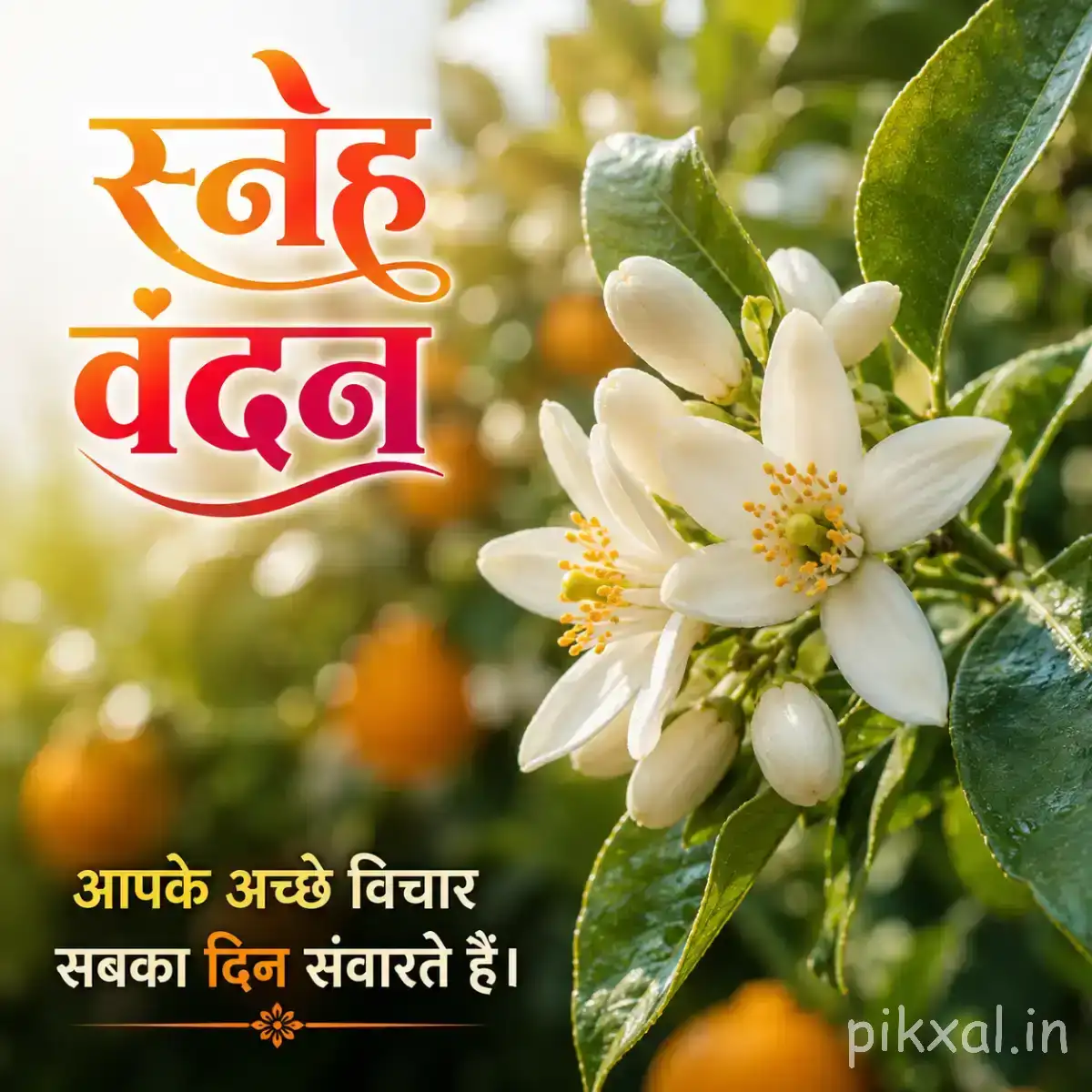 White flowers with yellow centers and green leaves against blurred greenery with a Hindi morning wish