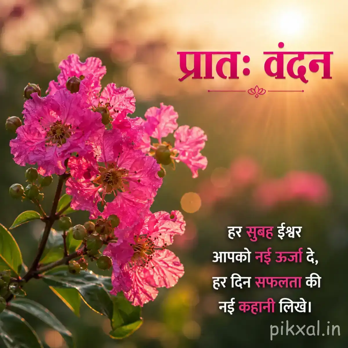 Cluster of bright pink flowers with green leaves against a softly blurred background and a Hindi morning wish
