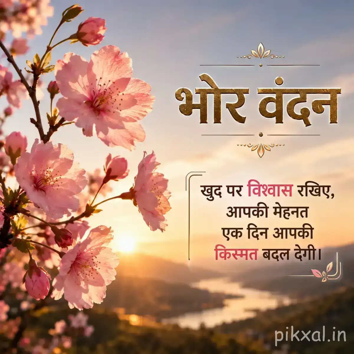 Pale pink flowers on thin branches beside a sunset landscape with a Hindi morning message