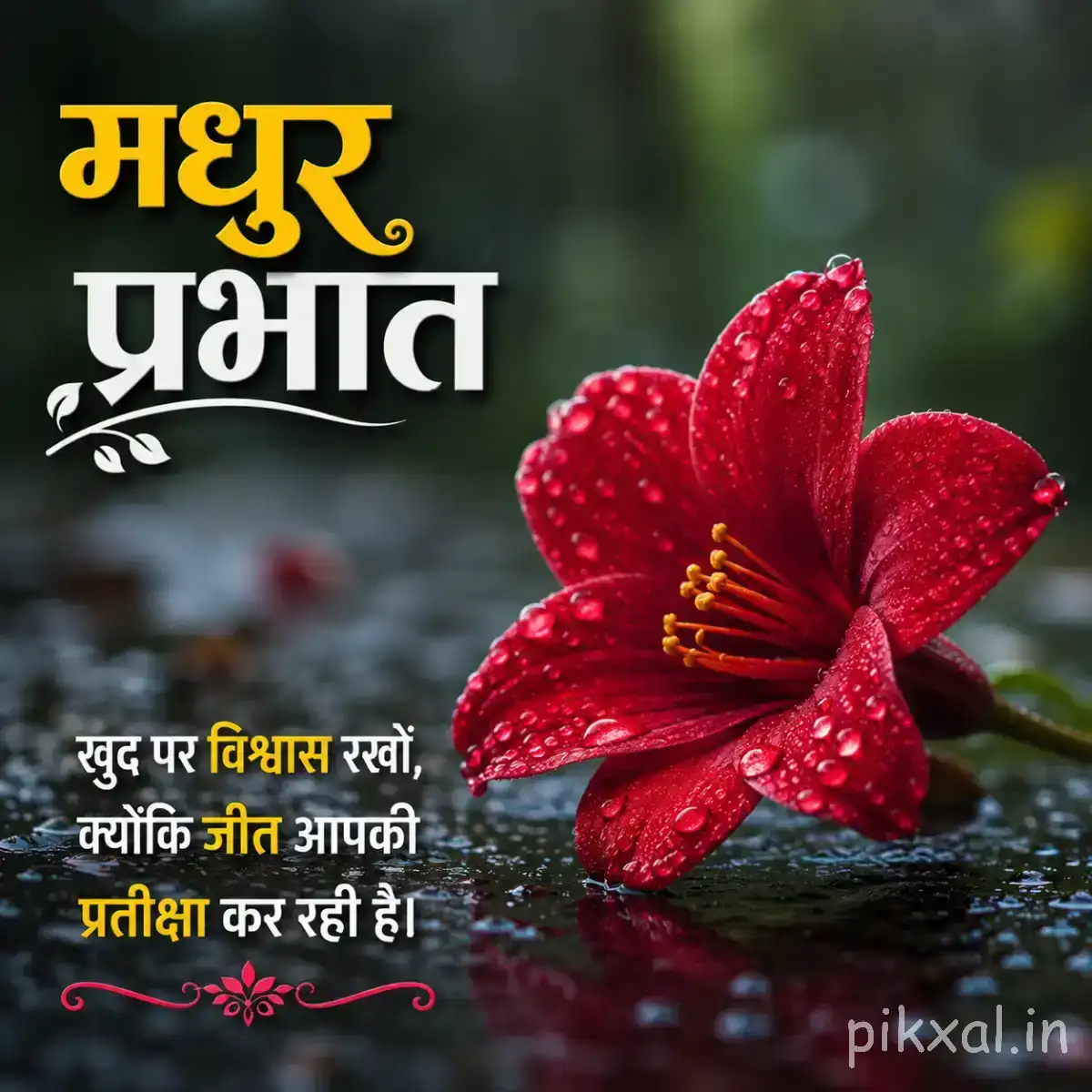 Single deep red flower with broad petals and a dark center beside a Hindi morning wish