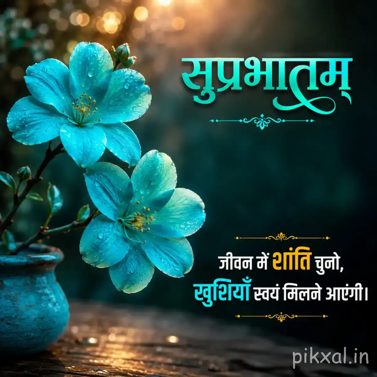 Turquoise-blue flowers with dark centers and green leaves beside a Hindi Good Morning greeting