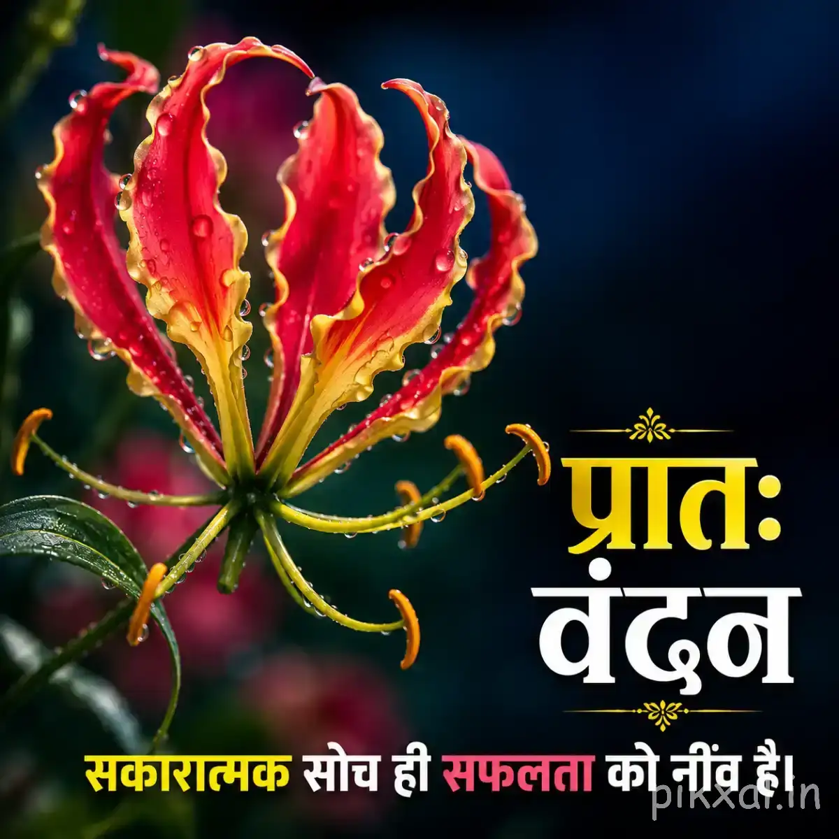Red and yellow curled petals forming an unusual flower shape against a dark background with a Hindi morning wish