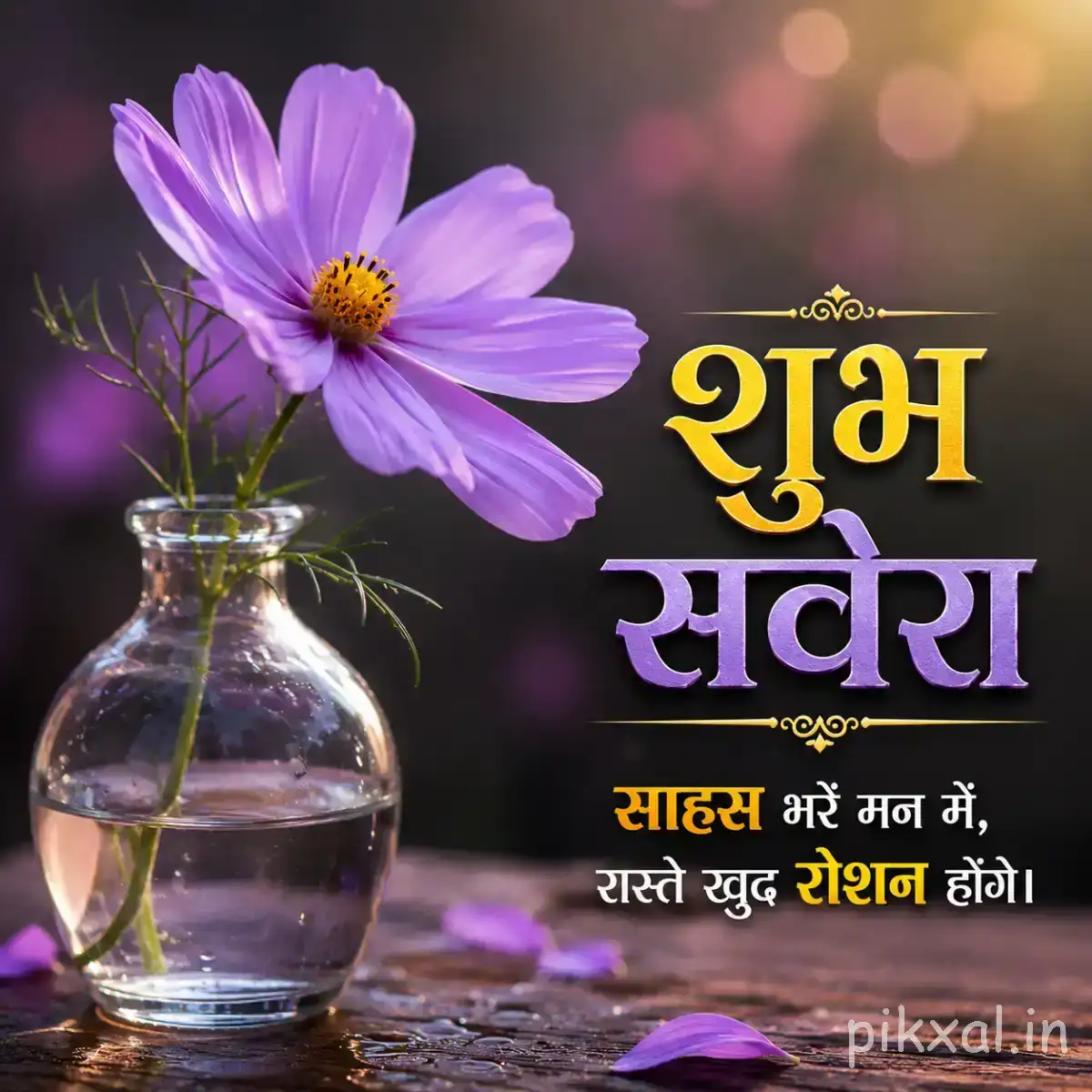 Purple flower with narrow petals in a small glass vase beside a Hindi morning message