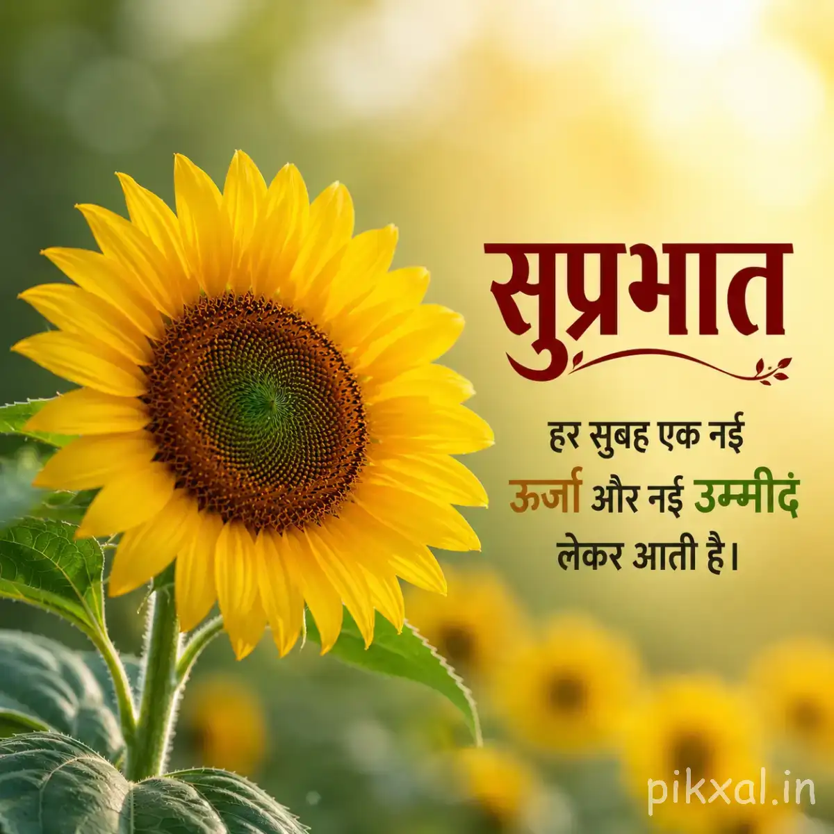 Single yellow flower with a dark center against blurred green foliage and a Hindi morning greeting