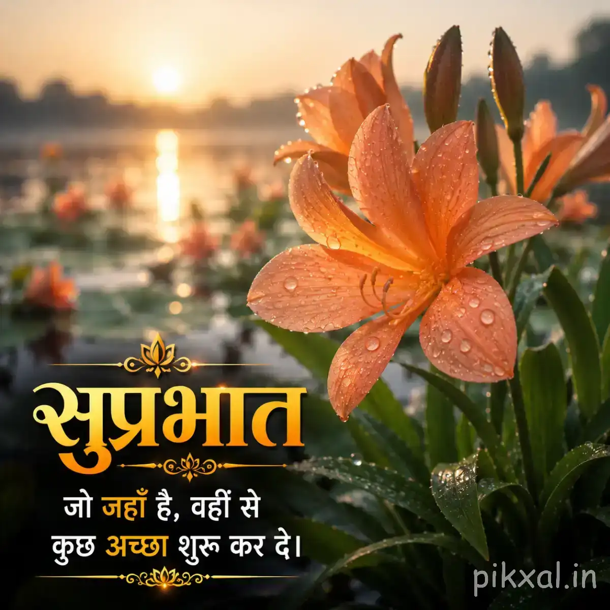 Several orange flowers with elongated petals and green leaves beside a Hindi Good Morning wish