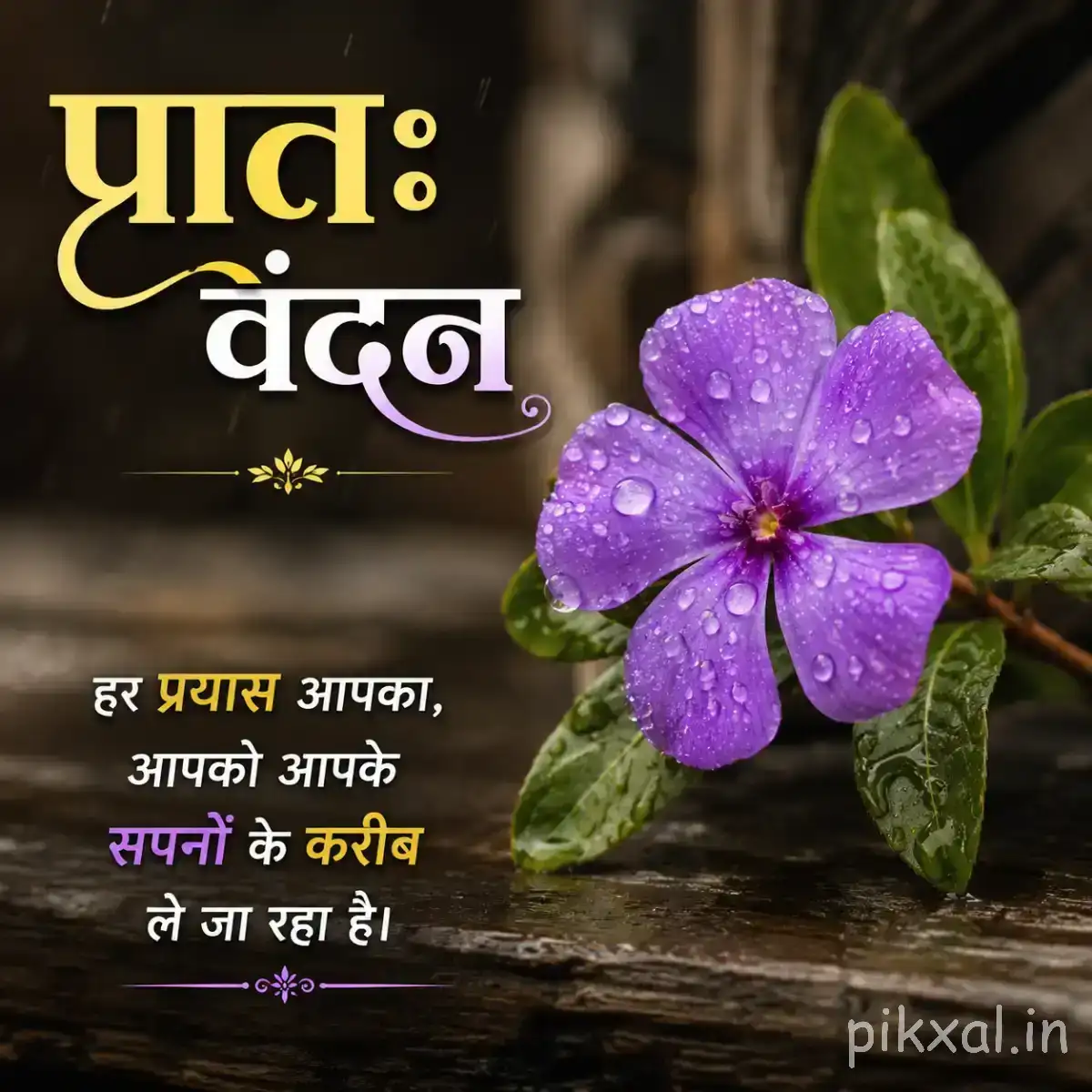 Purple flowers with rounded petals and green leaves beside a Hindi morning greeting