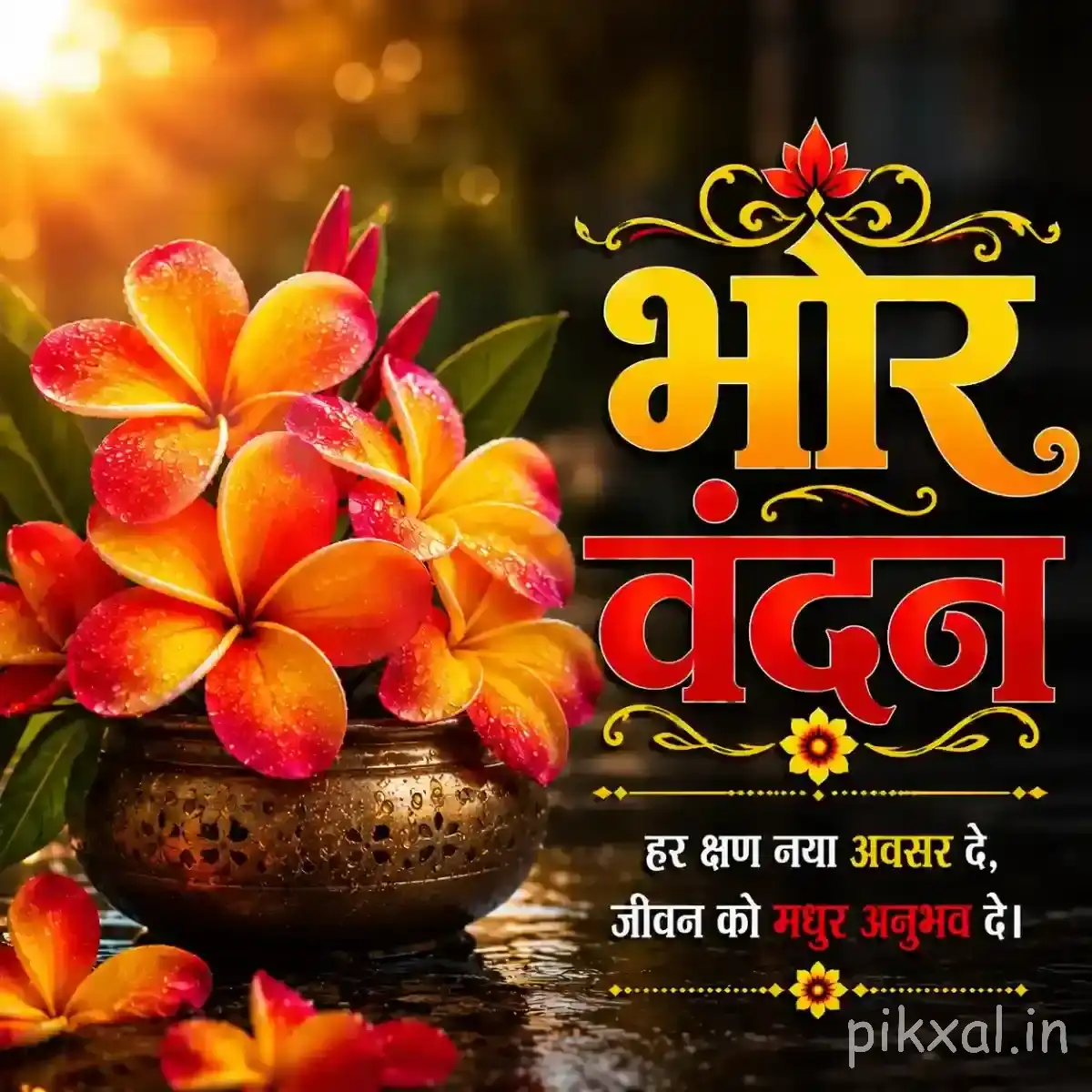 Orange and yellow flowers arranged in a small pot with green foliage and a Hindi morning wish