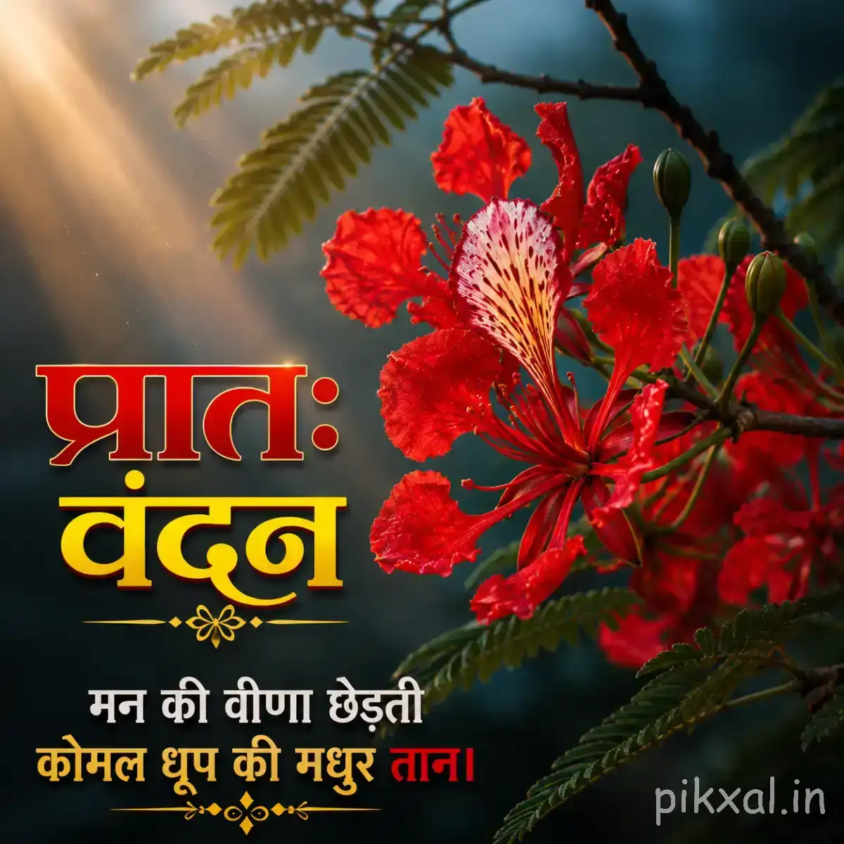 Red tubular flowers growing along a branching stem with green foliage and a Hindi morning wish