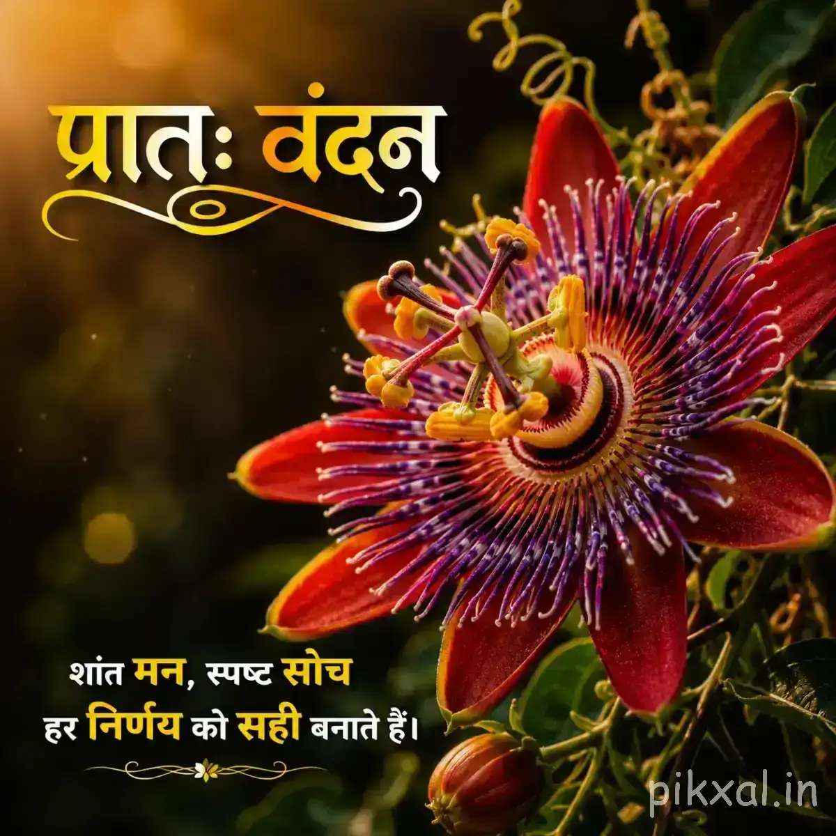 Orange flower with elongated petals and prominent stamens among green leaves with a Hindi morning wish