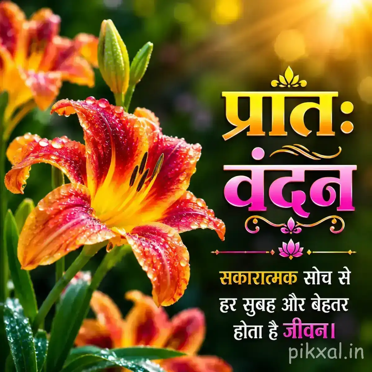 Orange-red flowers with elongated petals and green foliage against warm sunlight with a Hindi morning wish