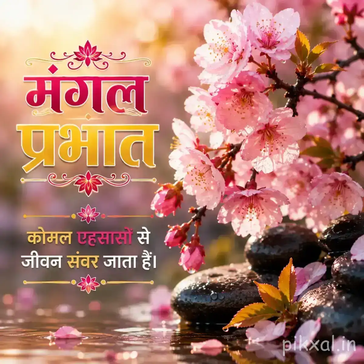 Pale pink blossoms on a flowering branch beside water and dark stones with a Hindi morning wish