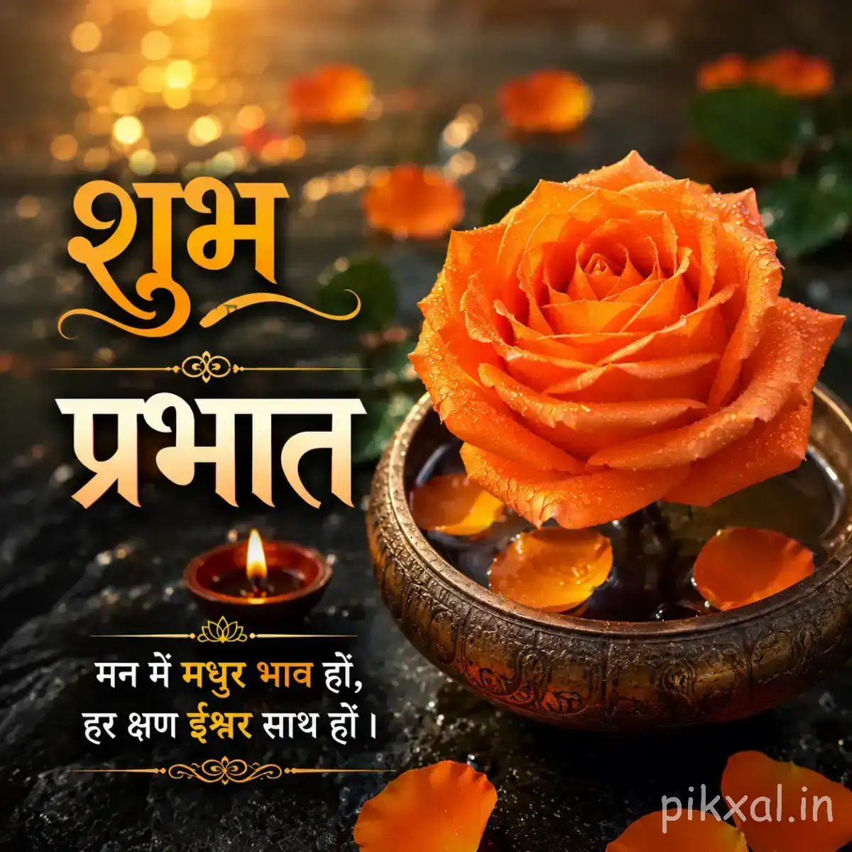 Orange layered flower beside a small lamp and scattered petals on a dark surface with a Hindi morning wish