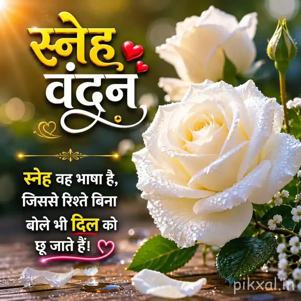 Large white layered flower with green leaves and unopened buds against a softly blurred background with a Hindi morning wish