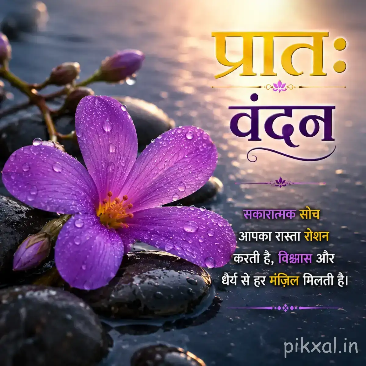 Purple flowers with broad petals resting among dark wet stones and water with a Hindi morning wish