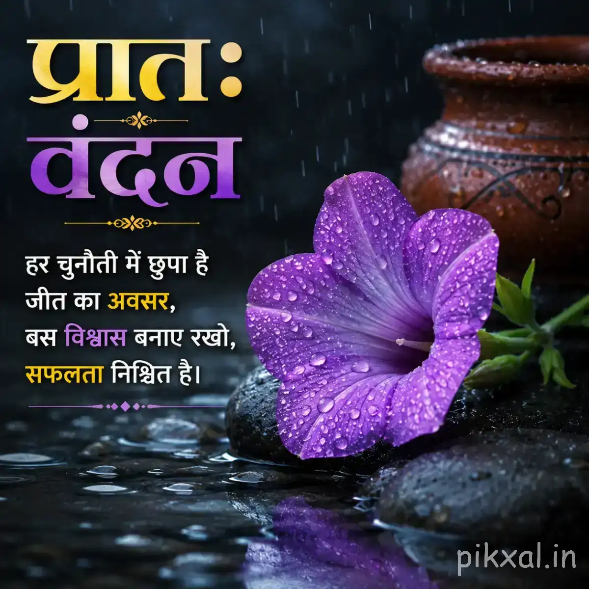 Purple flowers with fine radiating filaments among green leaves beside water and stones with a Hindi morning wish