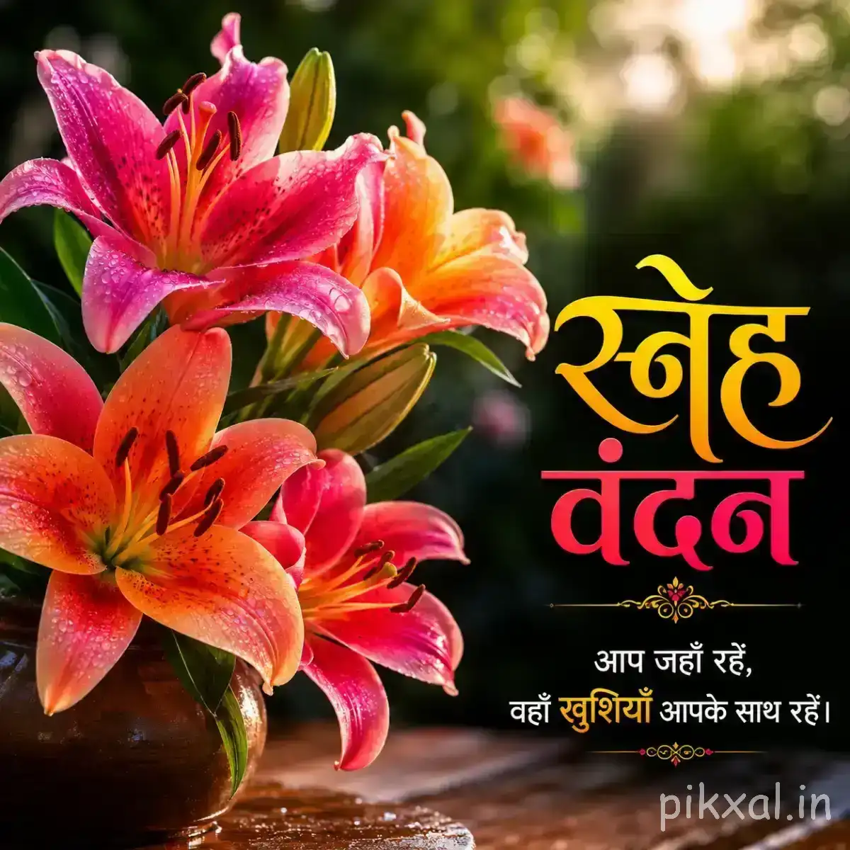 Pink and orange layered flowers with green leaves in a small pot against a softly blurred background with a Hindi morning wish