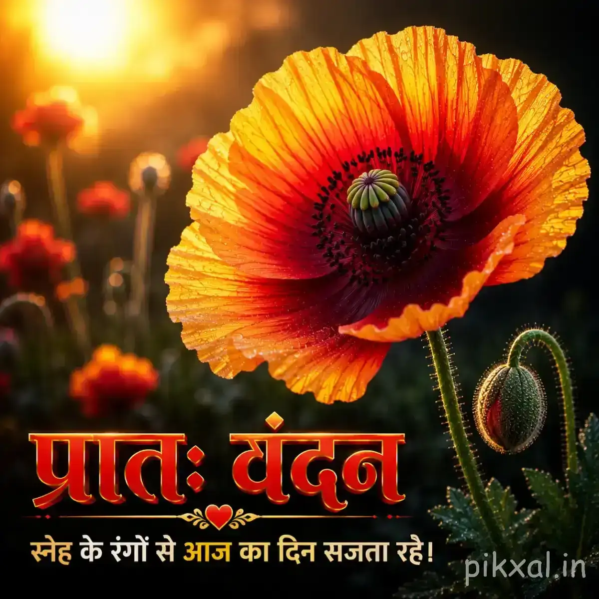 Large orange flower with a dark center and unopened buds against warm sunlight with a Hindi morning wish