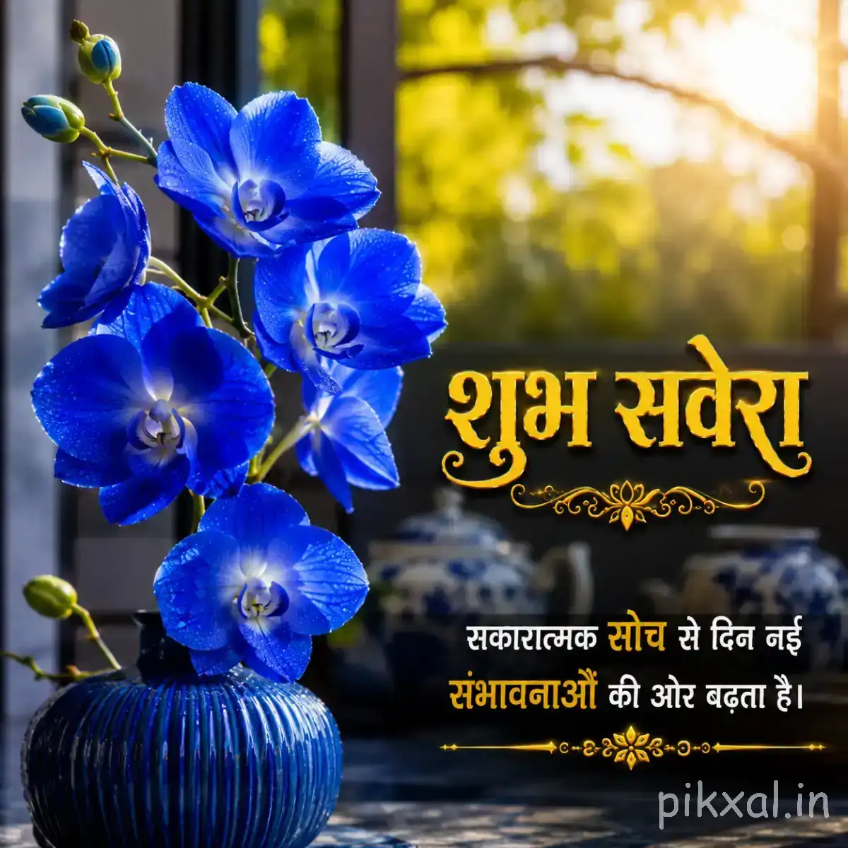 Several blue flowers arranged in a blue vase against a warm blurred background with a Hindi morning wish