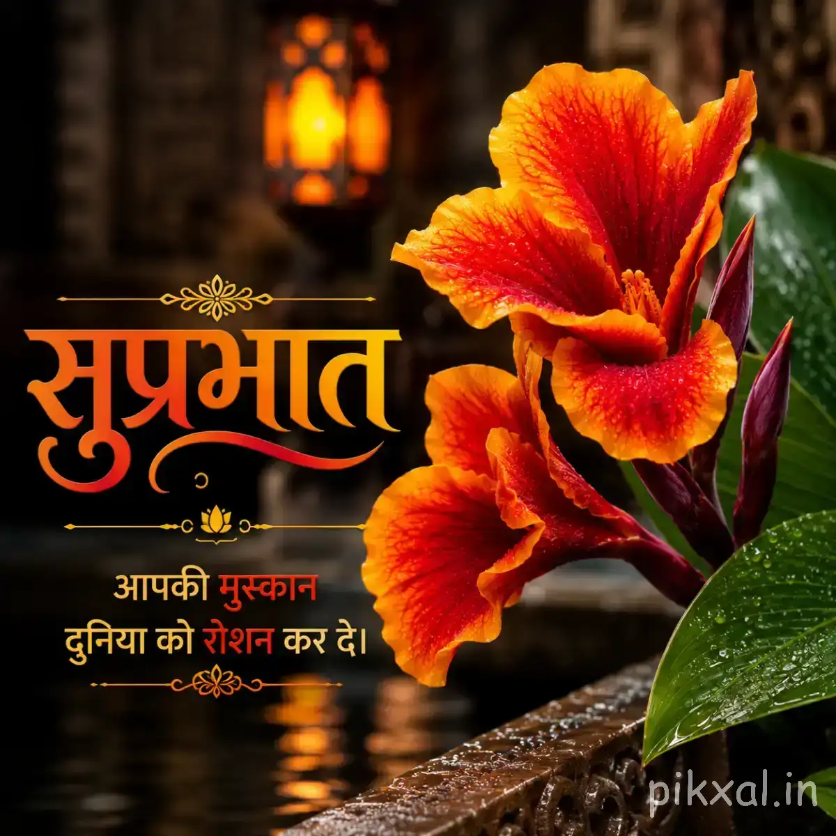 Orange-red flowers with layered petals arranged beside dark stones and a Hindi Good Morning wish