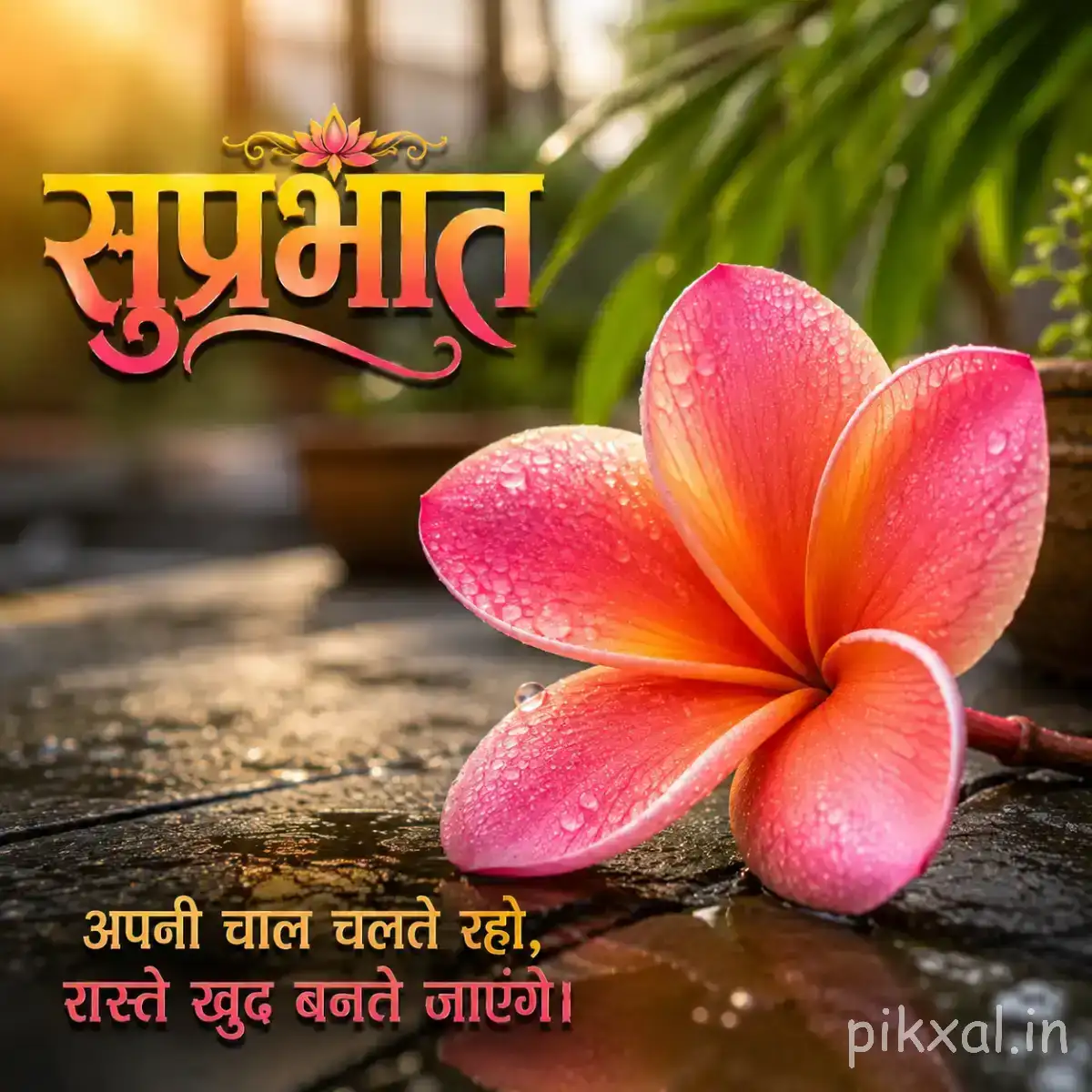 Single pink and orange flower with broad overlapping petals beside green leaves and a Hindi morning wish