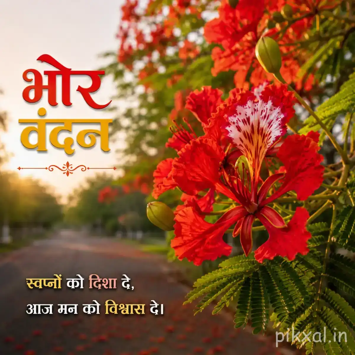 Cluster of red and orange flowers with green foliage against a softly blurred garden background with a Hindi morning wish