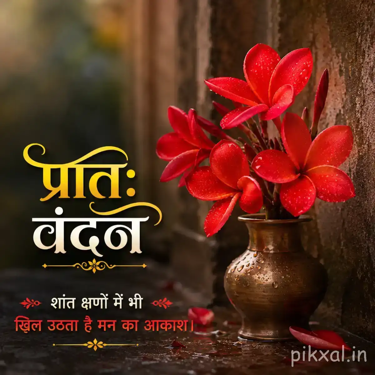Red flowers with rounded petals arranged in a brown pot beside green leaves and a Hindi morning wish