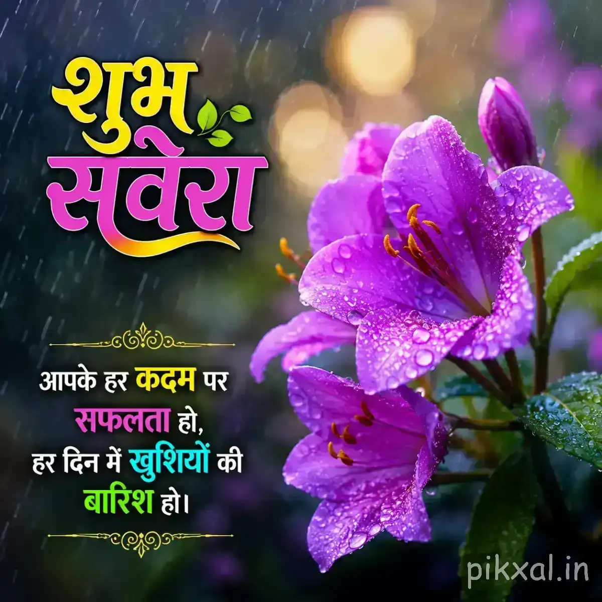Several purple flowers with broad petals and visible water droplets among green foliage with a Hindi morning wish