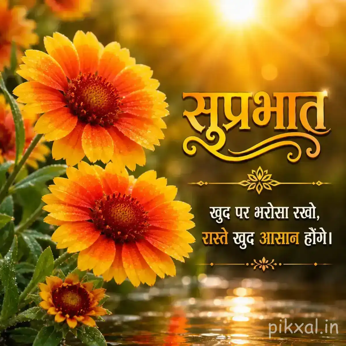 Orange flowers in a glass vase beside reflective water, with a warm sunrise and Hindi Good Morning wish