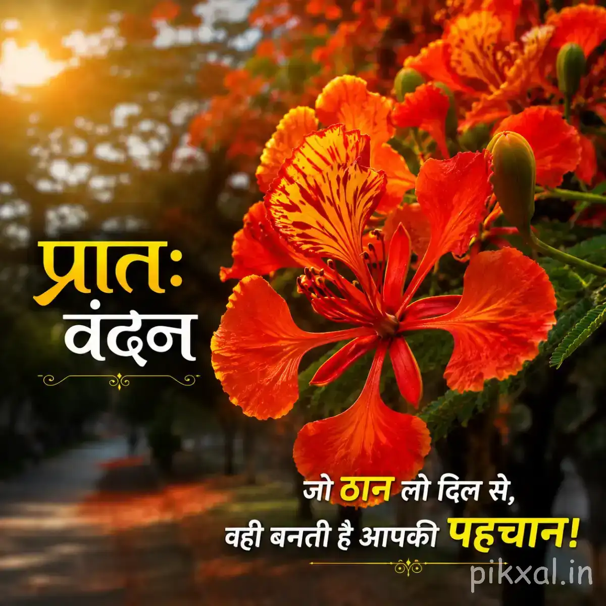 Cluster of orange-red flowers with green foliage against a warm garden background and Hindi morning wish