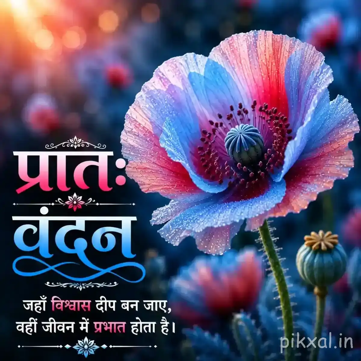 Large blue and pink flower with a dark center, surrounded by blurred colorful flowers and a Hindi morning greeting