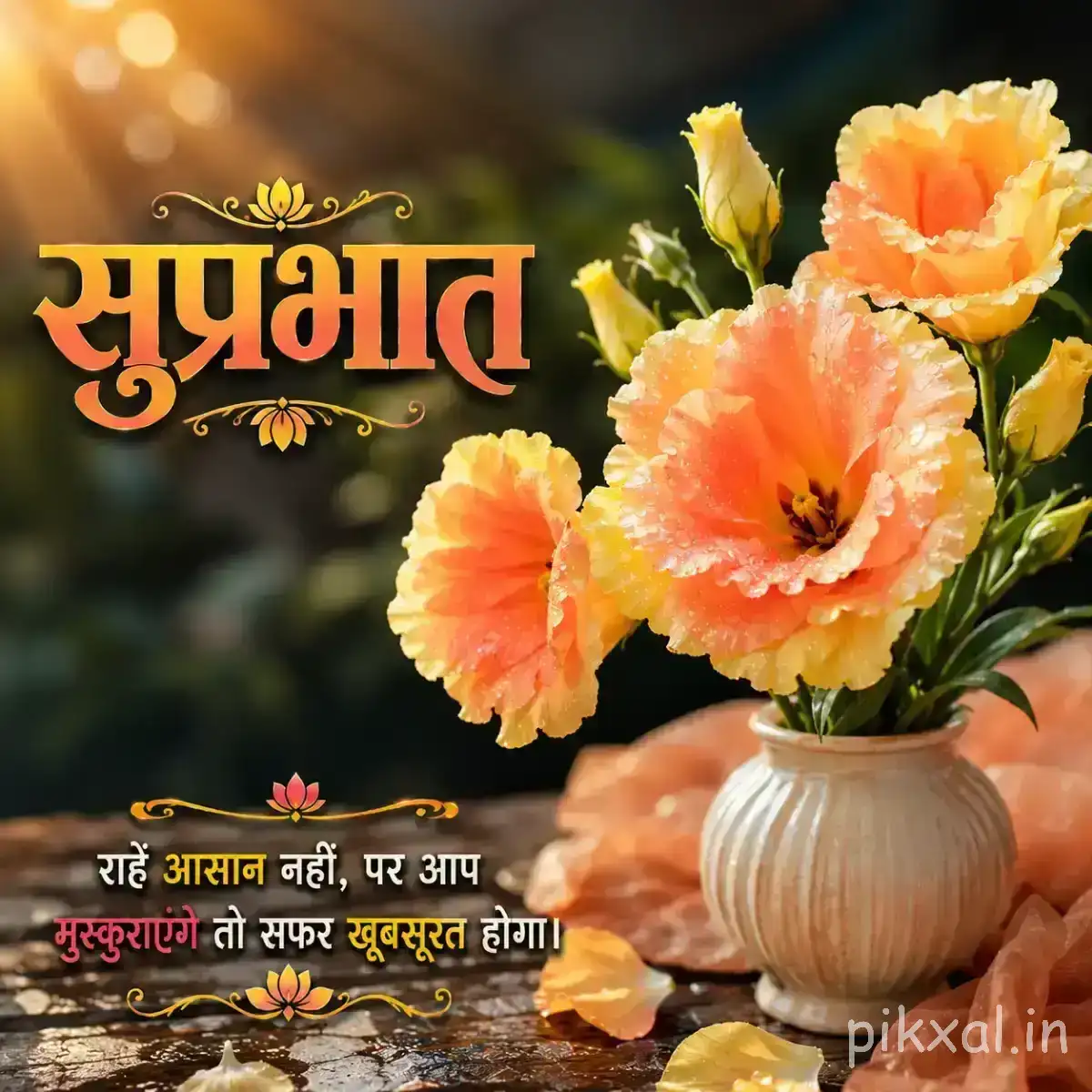 Peach and orange flowers arranged in a white vase with blurred greenery and a Hindi Good Morning wish