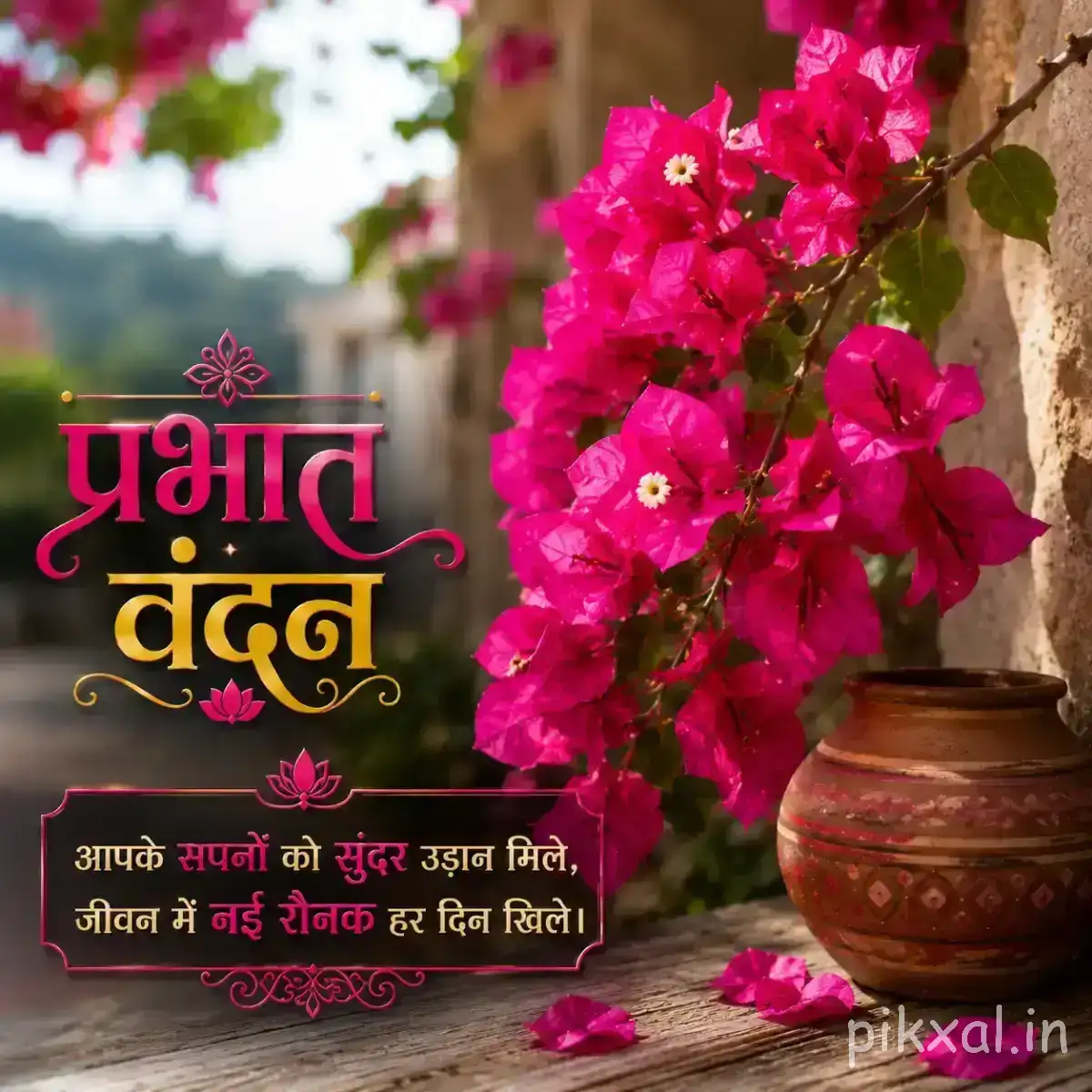 Dense cluster of bright pink flowers on a leafy branch beside a decorative pot and Hindi morning greeting