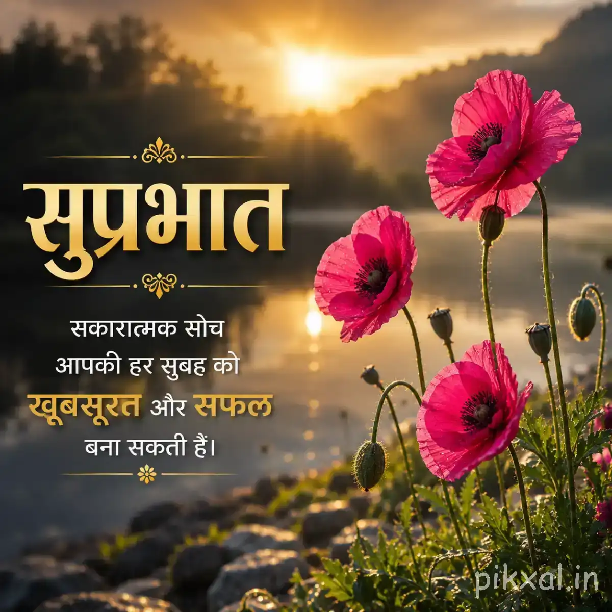 Several pink flowers on slender stems growing among rocks beneath warm morning sunlight with a Hindi Good Morning wish