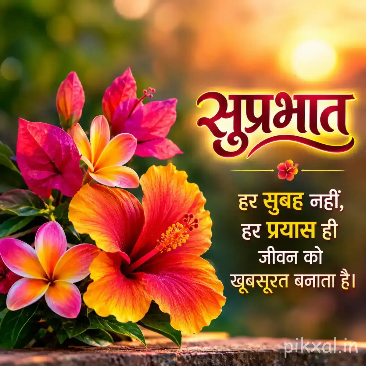 Cluster of pink, orange, and yellow flowers with green leaves and a Hindi Good Morning message