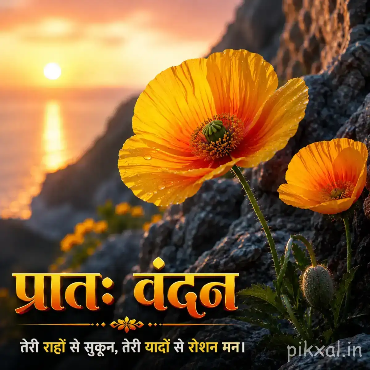 Orange flowers with dark centers growing beside rocks near reflective water with a Hindi morning greeting