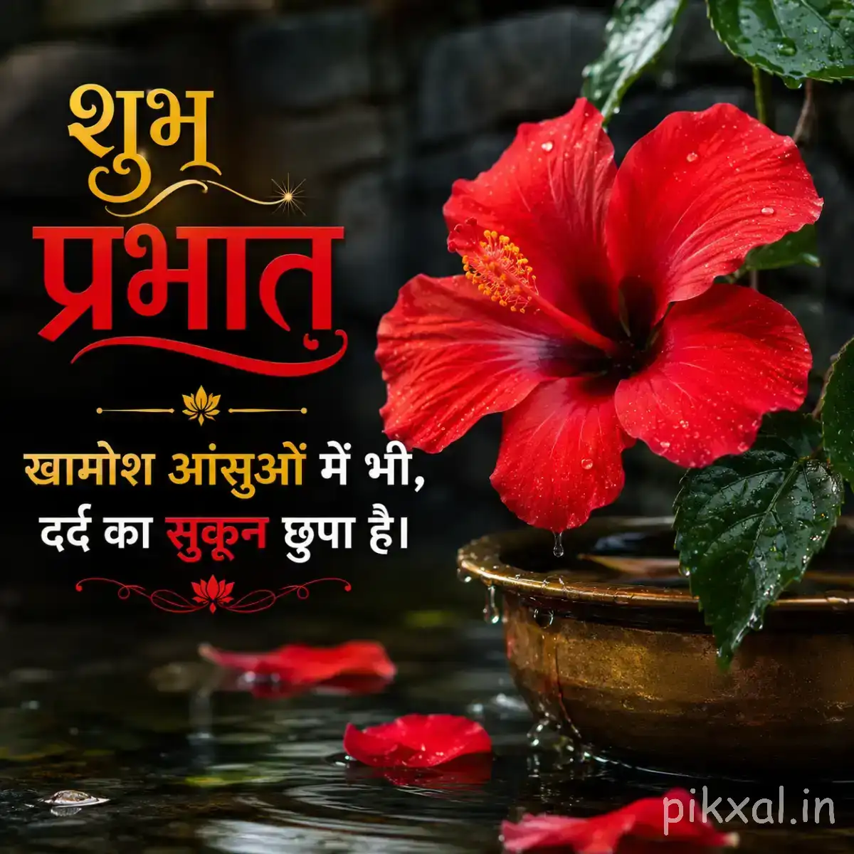 Single red flower with a dark center and green leaves in a decorative pot with a Hindi morning wish
