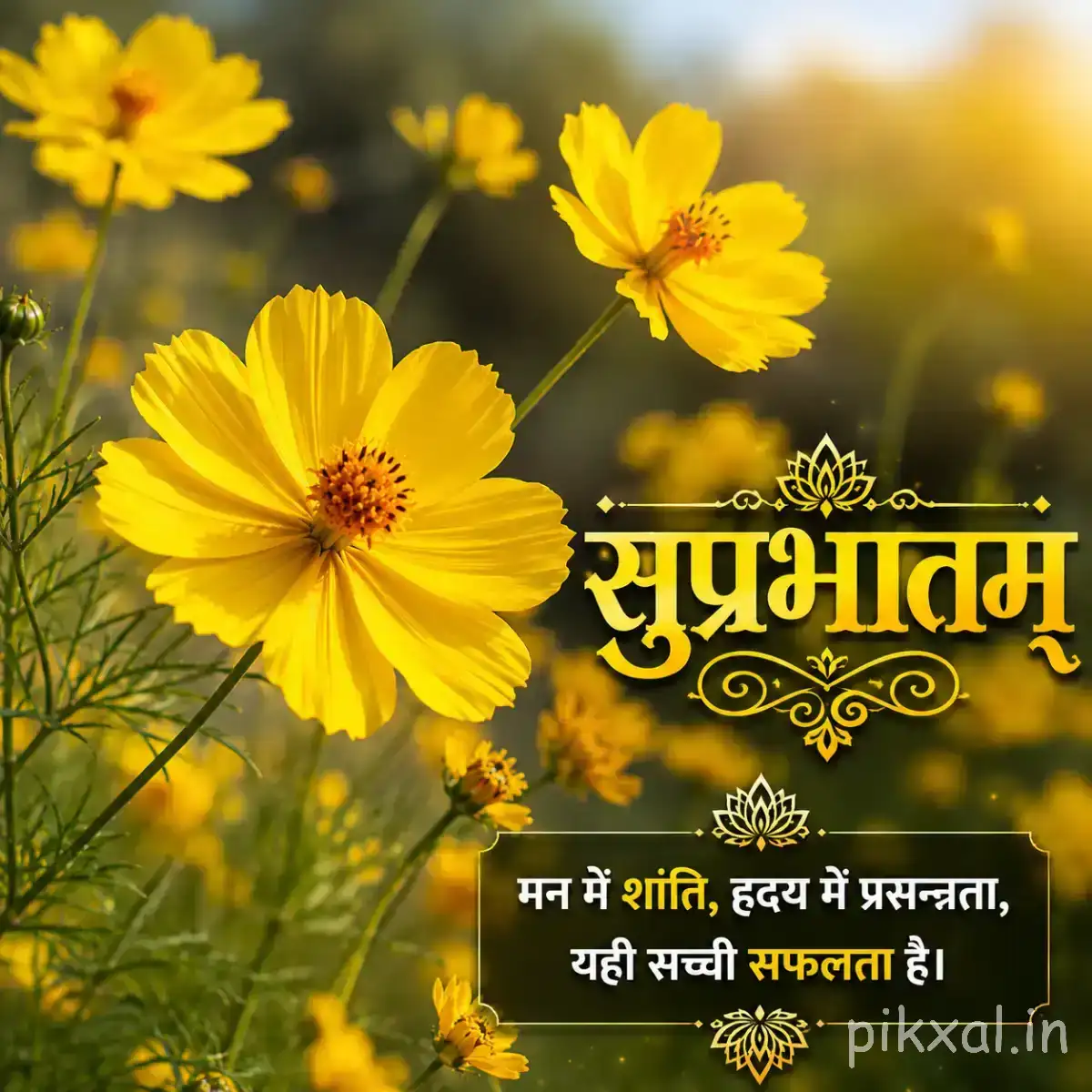 Several yellow flowers with dark centers among green foliage and a Hindi Good Morning message