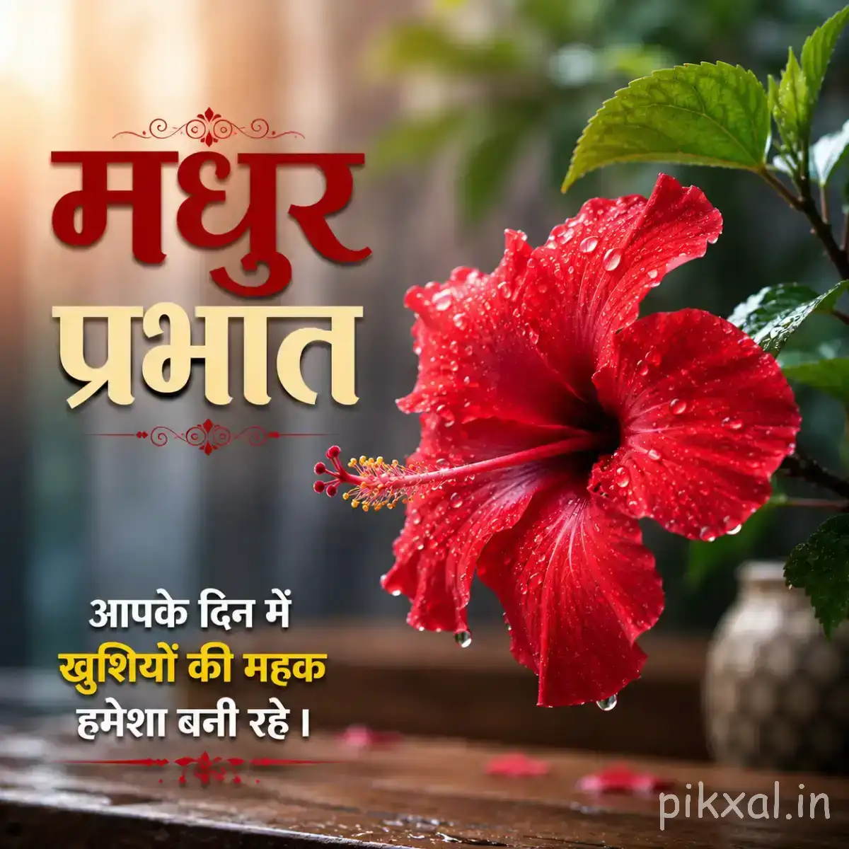 Large pink-red flower with prominent petals and green leaves against a softly blurred background with a Hindi morning message