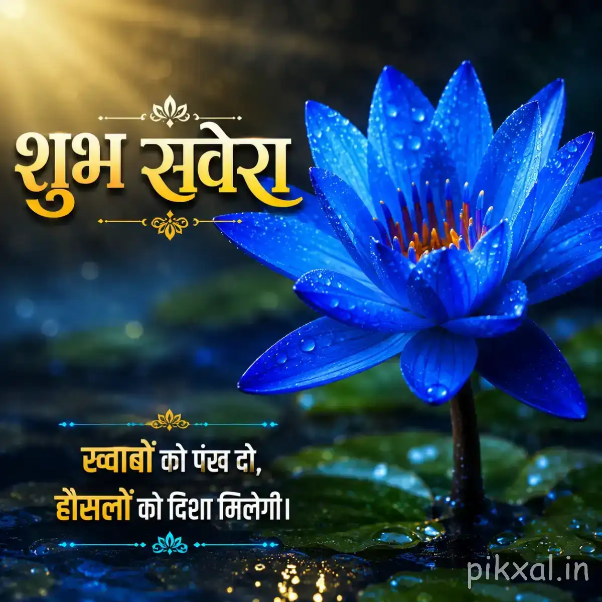 Single vivid blue flower floating above reflective water with a Hindi Good Morning wish