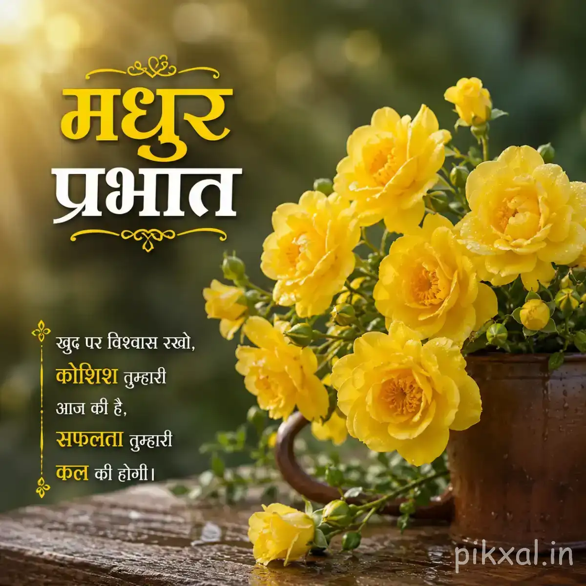 Cluster of small yellow flowers with green foliage in a pot and a Hindi Good Morning message