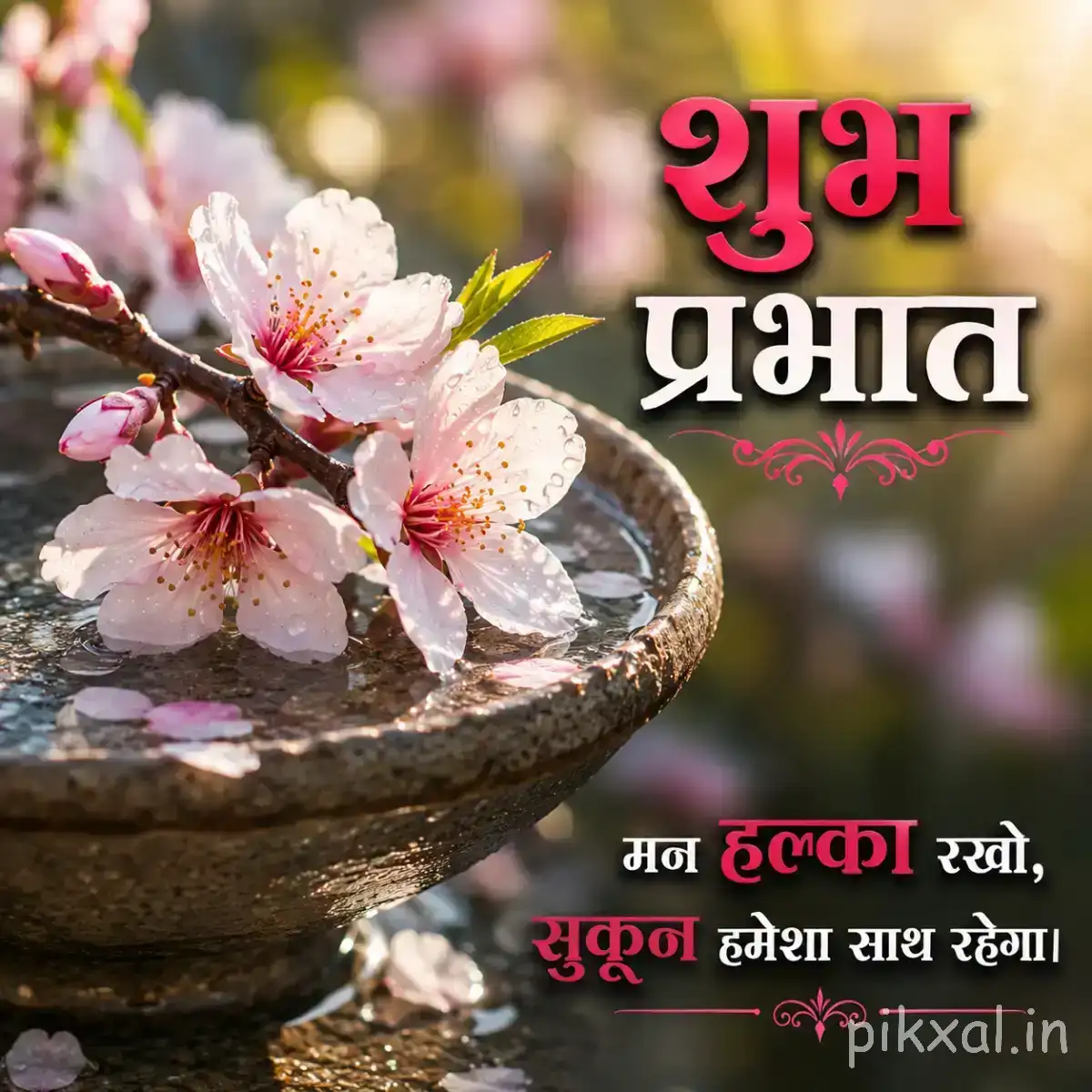 Latest good morning flower images of pale pink blossoms with dark centers arranged in a stone bowl with water and a Hindi Good Morning greeting