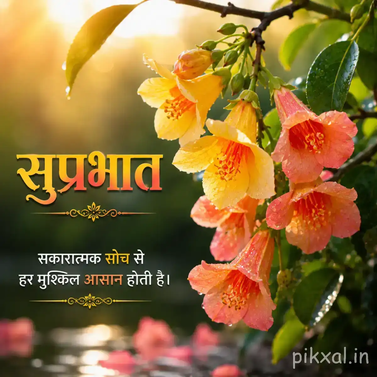 Peach and yellow flowers growing in a small cluster among green leaves with a Hindi Good Morning wish